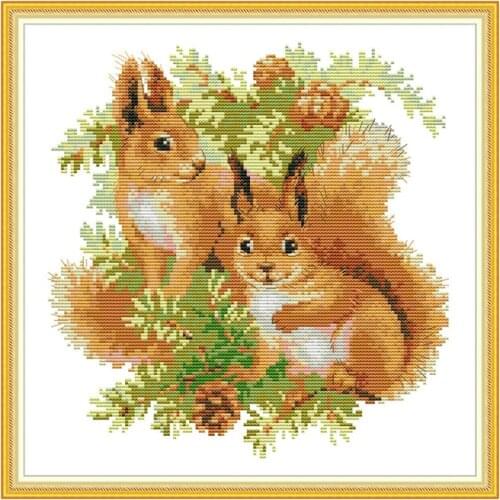 Two Squirrels Counted Cross Stitch Fabric Aida 14ct 11ct Printed on Canvas DMC Floss Embroidery Kit DIY Handmade Needlework Sets