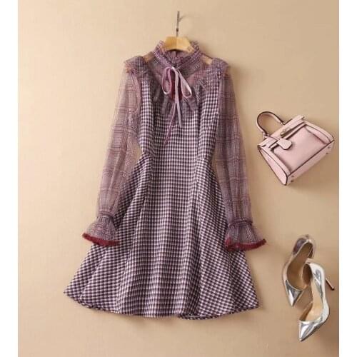 Newest Fashion Dress 2021 Autumn Winter Women Sexy Tulle Lace Patchwork Long Sleeve A-Line Casual Plaid Print Dress Vintage