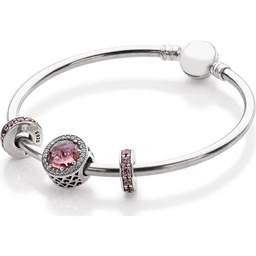 NEW 100% 925 Sterling Silver Original Radiant Hearts Charm Blush Pink Crystal & Clear CZ Rosy Eternity Space Bracelet Set Gift