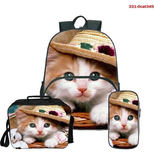 Cat Print School Backpack 3 Pcs/Set Teenage Boys Girls Book Bags Back To School Gift Shoulder Rucksack Laptop Mochila for Teens