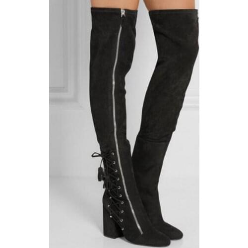 Free shipping size 35-42 autumn winter long zipper tassels decoration square high heel thigh high boots motorcycle boots