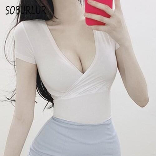 SOBURLUR Womens T-Shirts Sexy Casual Crop Tops Woman Clothes Short Sleeve White T shirt V-neck Solid Color Blousas Summer Tees
