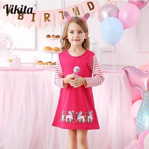 VIKITA Baby Girl Dress with Animal Applique Vestidos Striped Cotton Kids Unicorn Party Dresses for Girls Clothes Casual Dress