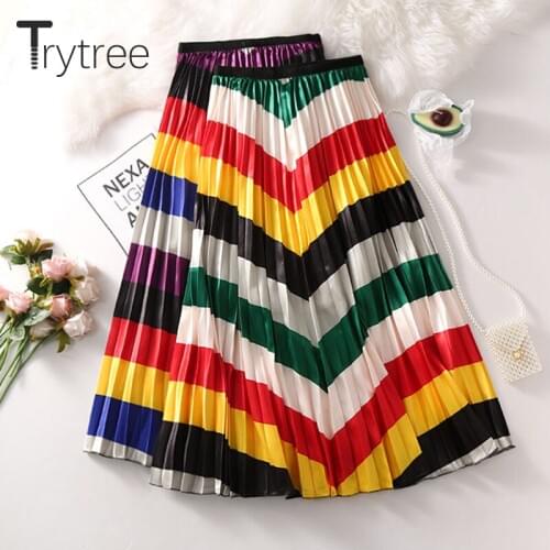 Trytree Summer Autumn Pleated Skirt Women Striped Colorful Skirt Elastic Waist Skirts A-Line Mid-Calf High Street Fashion Skirt