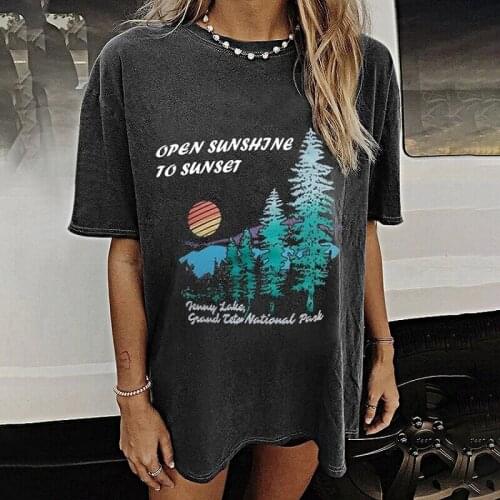 Plant Letter Print Vintage Black Graphic T Shirts Women Fashion Tops High Street O Neck Short Sleeve Casual Tshirts Spring New