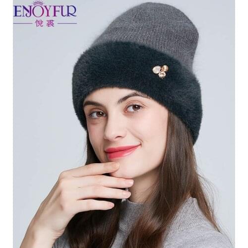 ENJOYFUR Winter knitted hats for women high quality warm rabbit fur hat Russian female casual beanies with rhinestones