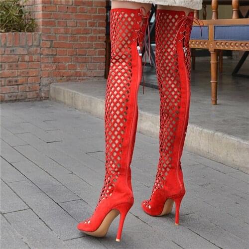Ladies Shoes Sexy Gladiator Sandals Stiletto Knee High Heels Shoes Women Peep Toe Hollow Out Summer Over the Knee Long Boots Red