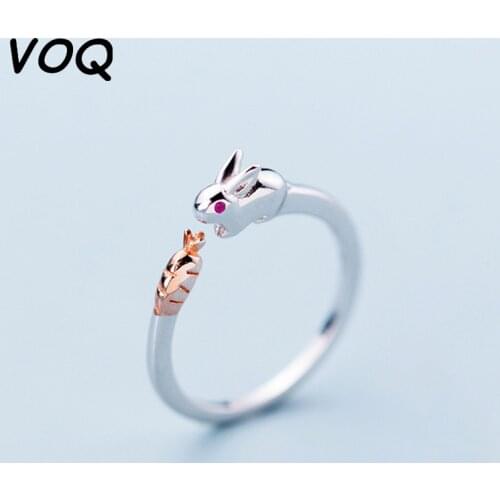 VOQ 925 Sterling Silver Cute Rabbit Carrot Opening Ring Animal Ring for Women Girls Jewelry Gifts Wholesale