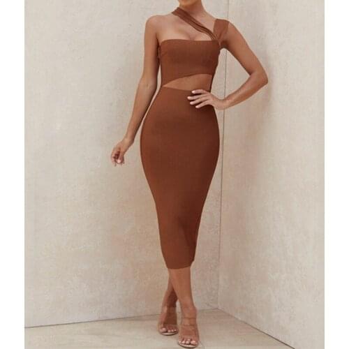 Lady Midi Casual Bandage Dress For Women Party Bodycon Sexy Dress Strapless Autumn Dresses Elegant Hollow Out Vestidos