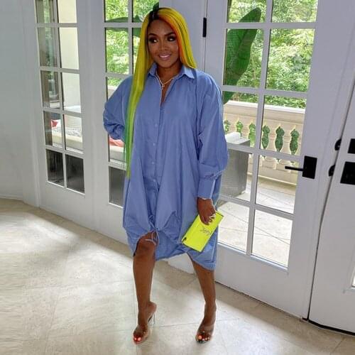 Early Autumn Blue Womens Blouse and Shirt Dress Fashion Turn Down Collar Long Sleeve Loose Dresses Casual Buttons Up Vestidos