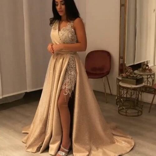 Gold Formal Dresses Beading vestidos largos 2021 abendkleider Side Slit Evening Dress Party Custom Made Elegant Evening Gowns