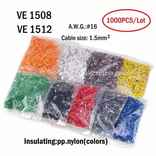 1000PCS Terminal VE1508 VE1512 A.W.G.#16 cable size 1.5mm2 Insulated cord end terminal wire cable plug connector PP.nylon colors