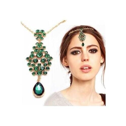 60pcs/lot DIY Green Alloy National Customs Emerald Pendant Frontlet Double Forks Hair Clips Hair Styling Tools Accessory HA913