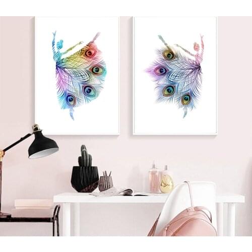 Abstract Ballerina Dancing Prints Peacock Feathers Colorful Silhouette Posters Baby Girl Nursery Wall Art Canvas Painting Decor
