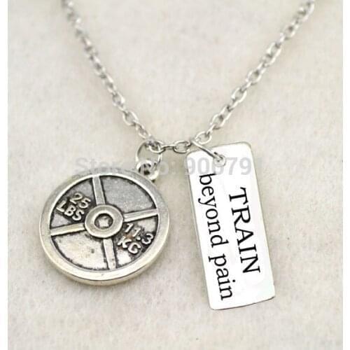 Antique Silver 25LBS Weight Plate and rectangular TRAIN beyond pain charms Fitness Weightlifting Gym necklace