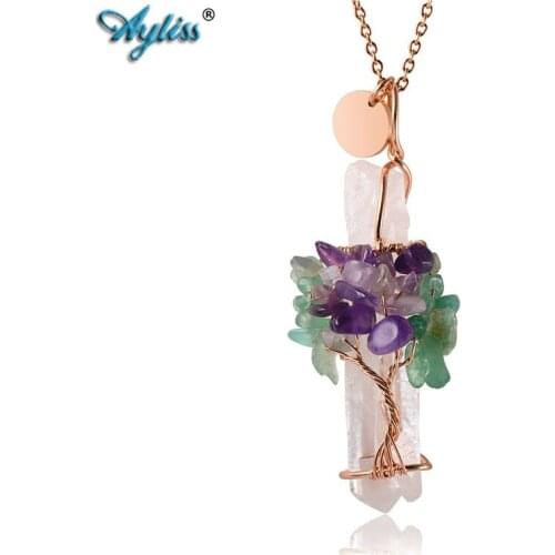 Ayliss Chakra Gem stone Pendant Tree of Life Wire Wrapped Natural Clear Quartz Healing Crystal Point Pendant Necklace
