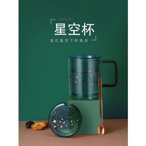 Star cup double insulated glass water cup with lid spoon creative lovely woman cup flower tea milk coffee cup gift