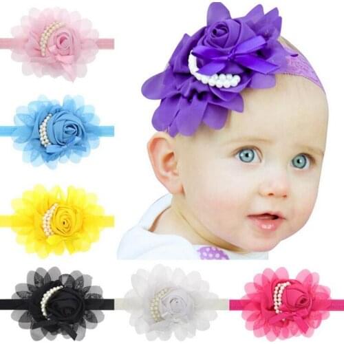 Childrens Pearl Chiffon Rose Flowers Headband DIY Handmade Hairband 13 Colors Baby Girls Headwear Kids Accessories Photo Props