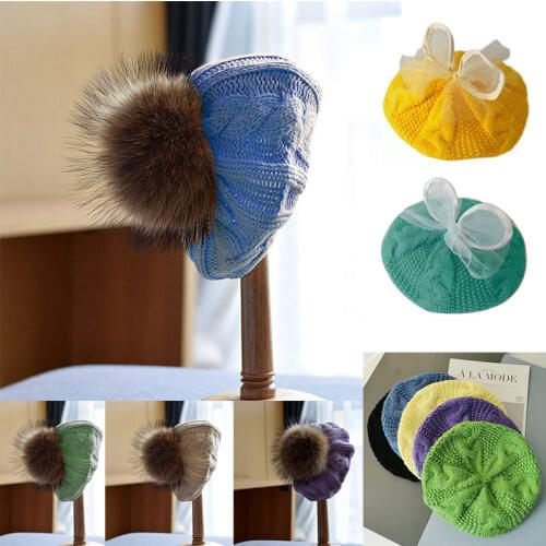 Children Real Fox Fur Ball Twist beanies warm cute woolen beret girls autumn and winter soild color big hair ball knitted hat