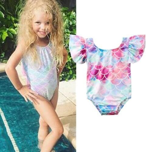 Kid Baby Girl Ruffle Mermaid Swimsuit Swimwear Bikini Rainbow Short Sleeve Beachwear One- Pieces Clothes