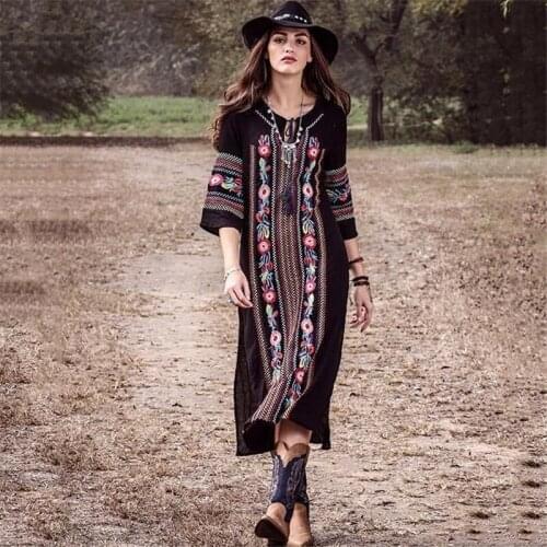DUISNENA black dress Embroidered medium long sleeve boho dress holiday blouse slit casual robe women dresses vestidos