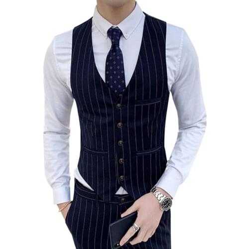 Mens Slim Fit Suit Vest Gilet Homme Business Stripe Casual Sleeveless Formal Waistcoat