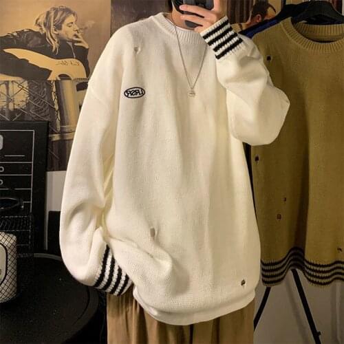 Ripped Knit Sweater For Men Trendy Loose Round Neck Long Sleeve Pullover Sweater Fashion Streetwear Simple Male Clothes Winter