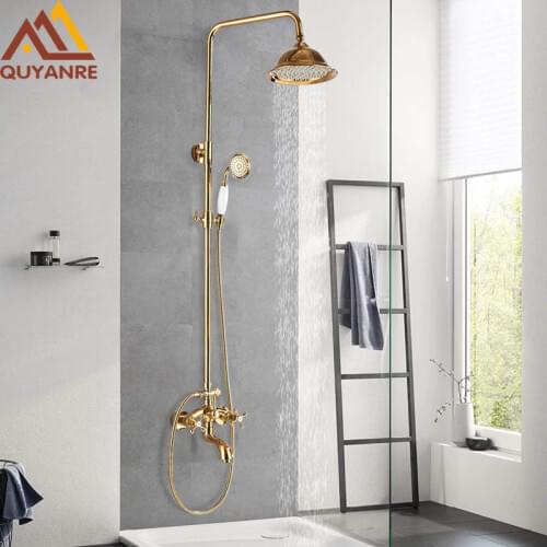 Quyanre Gold Shower Faucets Set Rainfall Shower Bathroom Wall Mount Shower System Swivel Tub Spout Bath Shower Mixer Faucet Kit