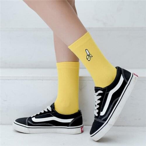 Embroidery Fruit Pattern Women Socks Casual Cotton Solid Color Black White Red Pink Crew Socks Harajuku Style 1 Pack