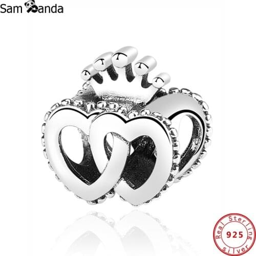 Original 100% 925 Sterling Silver Bead Charm Interlocked Crown Hearts Charms Fit Bracelets Women Diy Jewelry Making