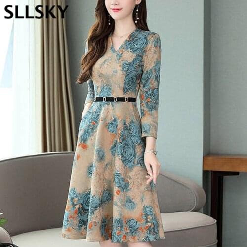 Sllsky Autumn Print Knee-length dress Soft High waist A-line V-neck Wrist with sashes dress Slim Elegant Office lady dress