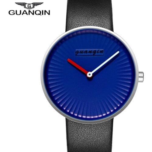 GUANQIN Simple Watches Men Blue Watch Black Leather Strap Quartz Wristatches Waterproof Creative Male Clock relogio masculino