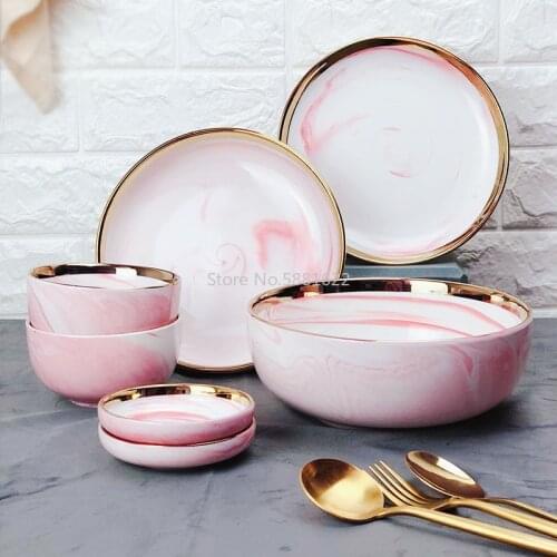 Pink Luxury Ceramic Tray Gold Plated Edge Western Food Steak Plate Fruit Food Bowl Dish Nordic Home Tableware Bowl 10 8 inch
