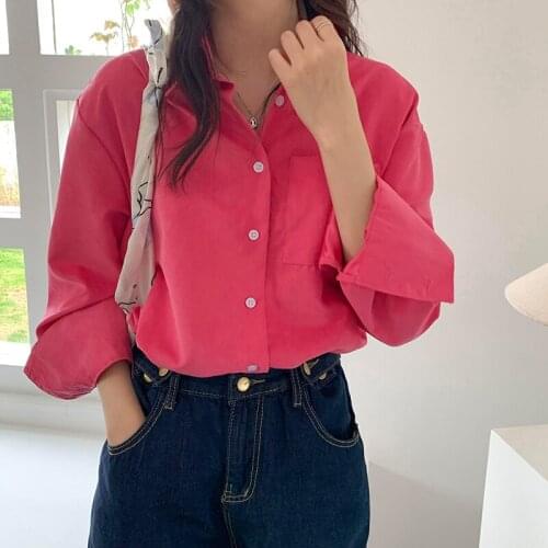 Red Shirts Plus Size Basics Shirts BF Style Shirts Womens Tops and Blouses Long Sleeve Spring Ladies Solid Loose Boyfriend Style