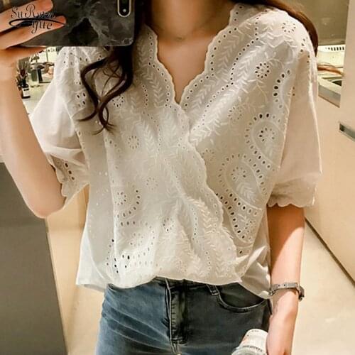V-neck Loose Ladies White Women Blouses New Plus Size 4XL Short Sleeve Summer Shirts Korean Hollow Out Lace Woman Tops 14090
