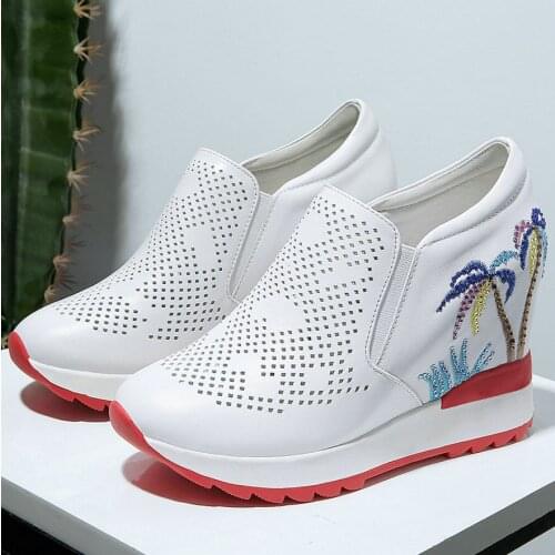 Casual Shoes Women Hollow Genuine Leather Wedges High Heel Gladiator Sandals Female Summer Round Toe Platform Fashion Sneakers