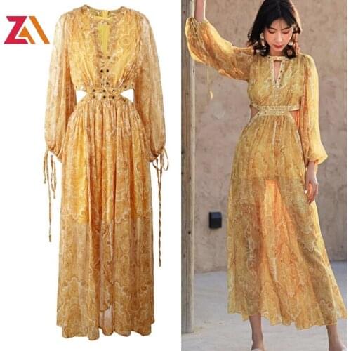 ZALady Boho Vintage Summer Dress Woman High waist Yellow Printed Maxi Vestidos Beach chic sexy party evening dresses female robe