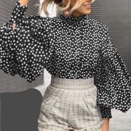 Autumn Women Blouse Vintage Long Lantern Sleeve Elegant Stand Collar Office Lady Tops Casual Dot Printing Female Shirt