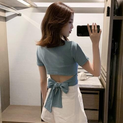 Women Back Bow Tie Lace Up T Shirt Cotton Short Sleeve Short Halter T Shirt Womens Clothing