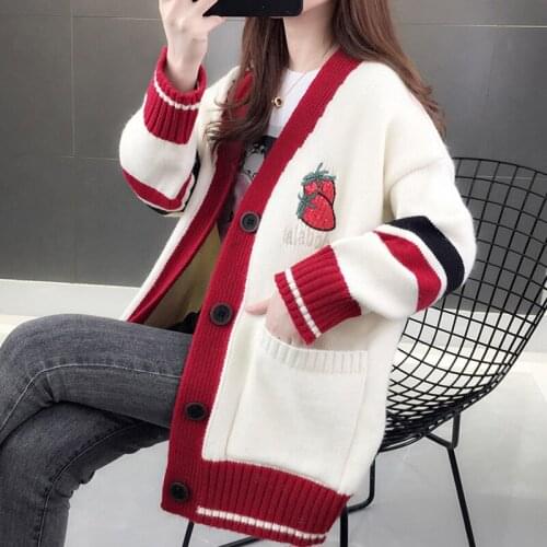 Women Clothes Strawberry Embroidery Sweaters V Neck 2021 Spring Autumn Thicken Cardidang Sweet Loose Korean Fashion Knitted Tops
