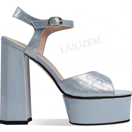 LAIGZEM Women Platform Sandals Chunky High Heels Pumps Leather Summer Party Prom Zapatos Height Increase Shoes Woman Size 38 39