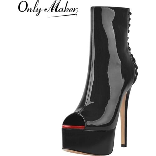 Onlymaker Women Peep Toe Platform Ankle Sandal Boots Cross Strap Black Patent Leather Patchwork Red Thin High Heel Booties ZIP