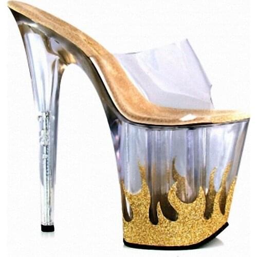 Sexy Flame Crystal Thin Heels Womens Slippers Flash Powder Bling Thick Platform 8 Inches Fetish Props 20CM Cross Dressing Stage