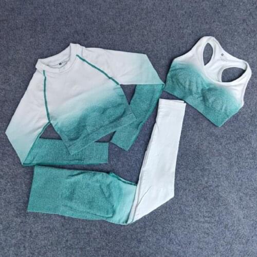 Ombre Women Fitness Workout Sports Suit Yoga Set Seamless Leggings Long Sleeve Crop Top Sports Bra Running Pants Gym Clothing