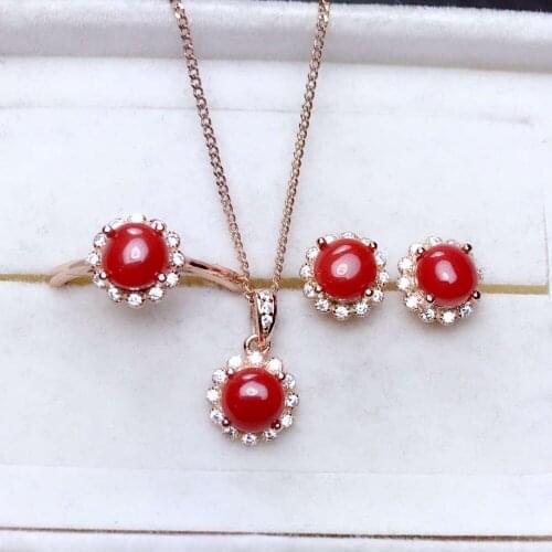 Natural red coral gem S925 silver ring Pendant earrings natural gemstone Jewelry Set fashion Sun flower girl party gift jewelry