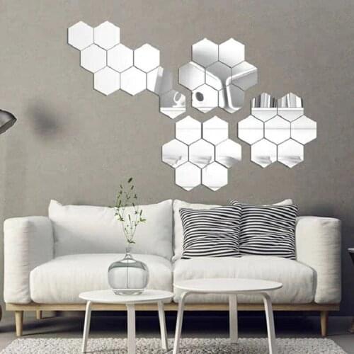 12PCS/Set of 3D Hexagonal Mirror Wall Stickers Restaurant Aisle Self-adhesive Ceramic Tile Bathroom Decorative Mirror Stickers