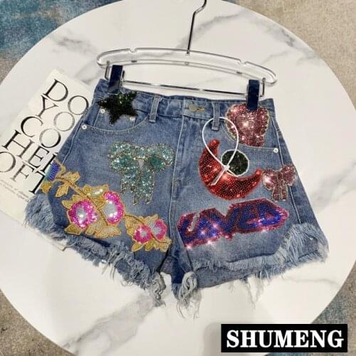2020 Autumn New Colored Moon Sequins Letter Embroidered Burr Denim Shorts Fashion Jeans Women Streetwear Shorts