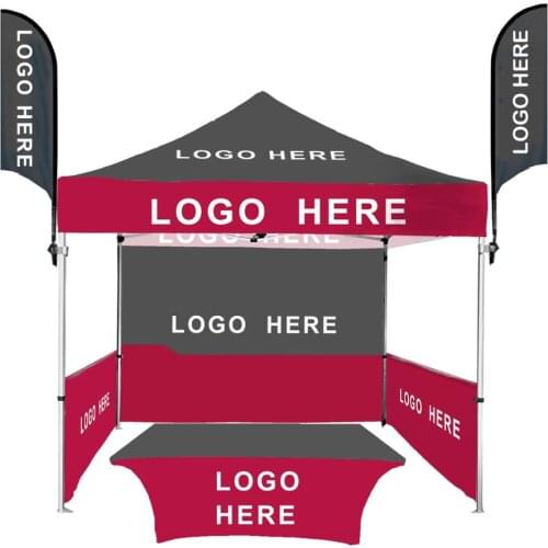 3x3m Logo Printed Aluminum Tent Folding Marquee Advertising Gazebo Awning with 2pcs Feather Banners and 1pcs 6ft Table Cover