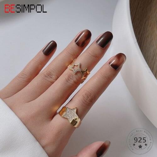 Besimpol Real 925 Sterling Silver Ring Fashion Retro Hollow-out Stars Zircon Adjustable Rings For Women Party Gifts Fine Jewelry