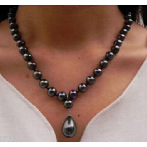 Free shipping Elegant 8mm Rainbow Black South Sea Shell Pearl Drop Pendant Necklace